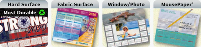 Photo of examples of custom calendar mouse pads for businesses and bulk orders.