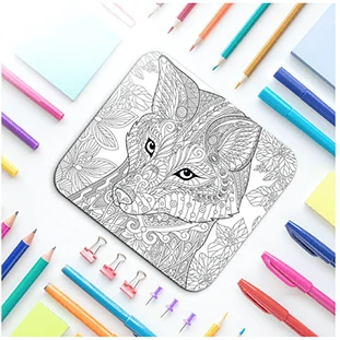 Photo of a color-in mouse pad for bulk orders.