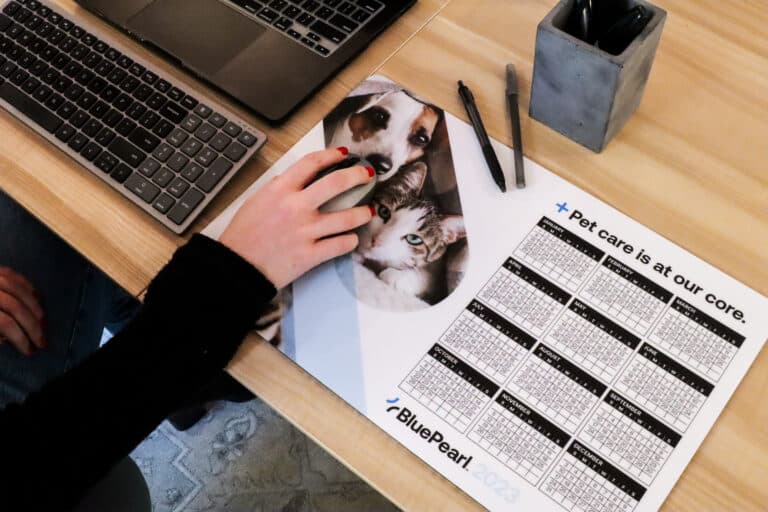 Photo of a custom calendar mouse pad for a veterinary clinic.